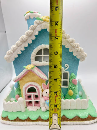 Easter 9" Blue Gingerbread House Light Up Bunny Eggs Tabletop Decor 46E37