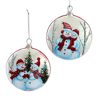 100MM Glass Red and White Snowman Disc Ornament Set D4347 Retro Holidays
