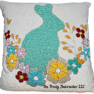 11" Square Beaded Teal Bunny Rabbit Floral Throw Pillow