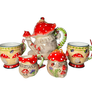 Mushroom & Ladybug Teapot Sugar Bowl,Creamer & Mugs by Blue Sky Clayworks