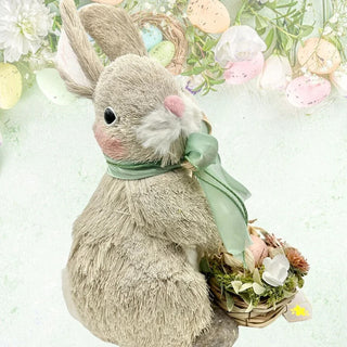 Bella Lux 10" Easter Sisal Green Bow Bunny Rabbit with Basket 2024