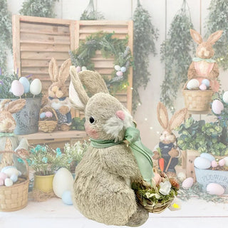 Bella Lux 10" Easter Sisal Green Bow Bunny Rabbit with Basket 2024