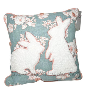 Blue Crochet Easter Spring Bunny Rabbit Floral Throw Pillow