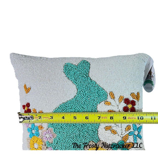 11" Square Beaded Teal Bunny Rabbit Floral Throw Pillow