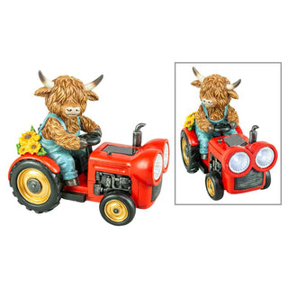 Pre-Order Countryside Highland Cow in Blue Overalls Red Tractor with Solar Lights 66235