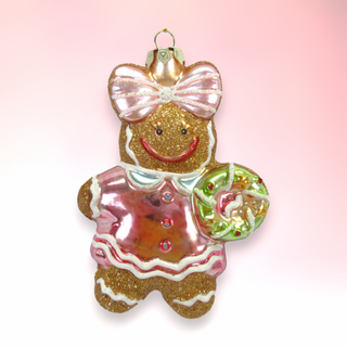 Whimiscal Pink Gingerbread Girl Glass Ornament 79-81822 North Pole Sweet Shoppe
