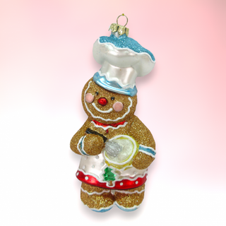 Pastel Blue Gingerbread Boy w/Bowl Glass Ornament 79-81937 North Pole Sweet Shoppe