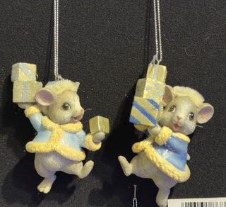 3.25" Blue platinum Mice With Gift Boxes Ornaments Set E1030