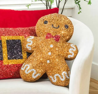 Luminous Gingerbread Man with Bowtie Rhinestone Christmas Throw Pillow