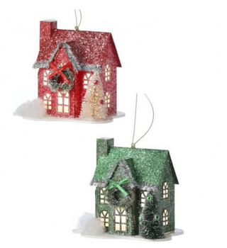 Holiday Lane Paper House Ornament w/LED Timer Battery Red Green MTX72132