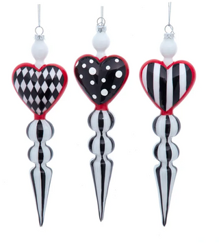 Glass Black, White & Red Heart Pattern Icicle Ornament Set T3823 Alice in Wonderland