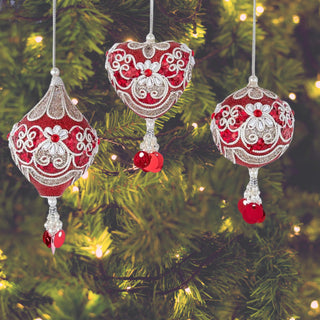 Regal Red Silver Ball Heart Teardrop Large Glitter Ornament Set S4450 Regal Red