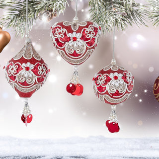 Regal Red Silver Ball Heart Teardrop Large Glitter Ornament Set S4450 Regal Red
