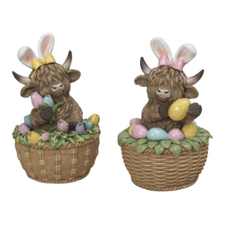 Pre-Order Spring 2026 Resin Easter Highland Cow in a Basket w/Bunny Ears