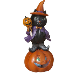 Lighted Folk Art Halloween Black Cat on Pumpkin Figurine 2736840