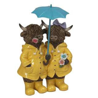 Pre-Order Spring 2026 Resin Highland Cows Couple in Raincoat w/ Metal Umbrella