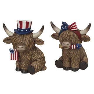 Pre-Order Spring 2026 Resin Americana Highland Cow Set w/bow hat  holding Flag & Firecracker