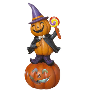 Lighted Folk Art Halloween Pumpkin w Lollipop on Pumpkin Figurine 2736840