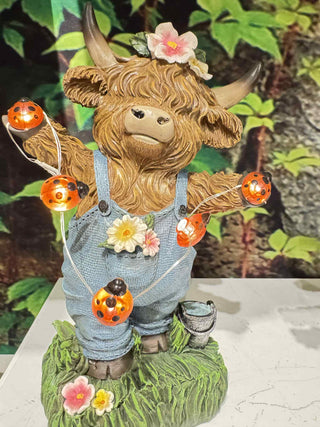 Pre-Order Spring 2026 Resin Lighted ladybug flowers Resin Highland Cow w/ Light String & Timer