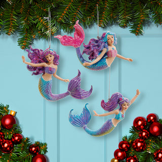 Coastal 4.5" Pink, Purple & Blue Mermaid Christmas Ornament Set of 3