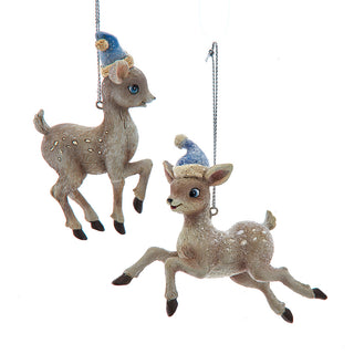 3.5" Vintage Reindeer With Blue Santa Hat Ornaments Set E1032
