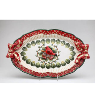 Evergreen Holiday Bow Cardinal Holly Berry Tray