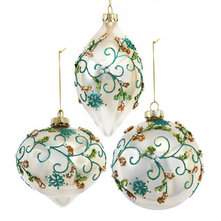 Pre-Order Kurt Adler Glass Gold With Aqua Glittered & Beads Ball, Onion & Drop Ornament Set