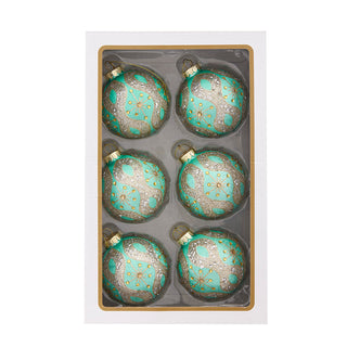 80MM Glass Aqua & Silver Glitter Ball Ornaments, 6-Piece Box