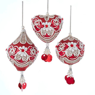 Regal Red Silver Ball Heart Teardrop Large Glitter Ornament Set S4450 Regal Red