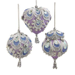 Lavender, Blue and Silver Ball, Finial and Heart Ornament Set S4457