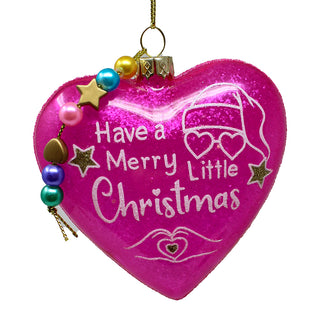 Glass "Have A Merry Little Christmas" Pink Heart With Hanging Beads Ornament T3719 Honky Tonk
