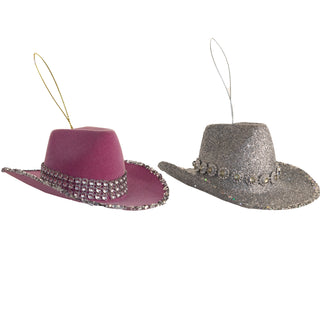 Pink and Silver Flocked Cowgirl Hat Ornament Set T3725 Honky Tonk