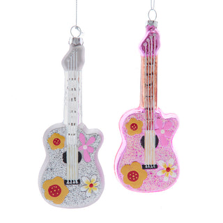 Retro Hippie Glass Silver & Pink Guitar Ornament Set T3771 Honky Tonk