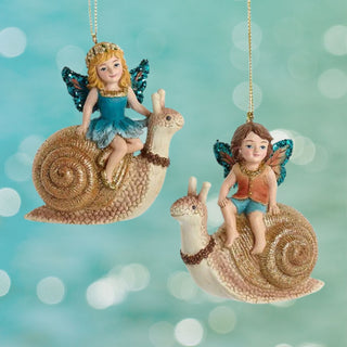 Teal & Gold Boy & Girl Fairies Sitting on Snail Ornament Set E0925 Magical Woods