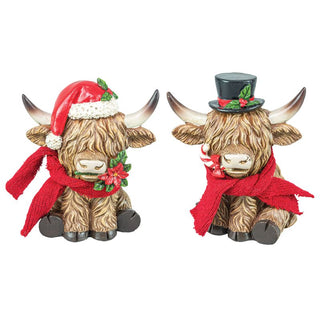 Pre-Order 5.25" Christmas Festive Highland Cow Set w/Santa Black Top Hat Tabletop 15485