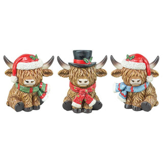 Pre-Order 4" Christmas Highland Cow Holiday Set w/Santa Hats and Scarfs Set 15499