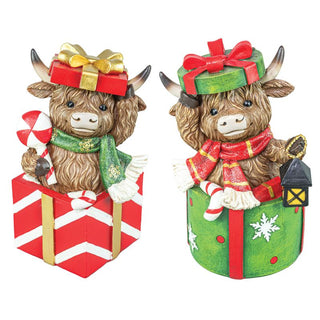Pre-Order 8" Highland Cow Gift Box Tabletop Red or Green Present 15508