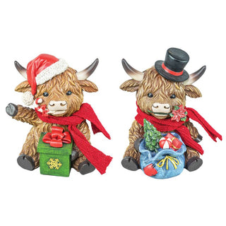 Pre-Order 5.25" Highland Cow with Gifts Santa Hat Black Top Hat Tabletop Set 15509