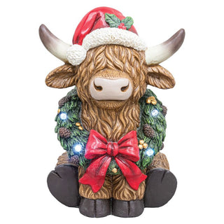 Pre-Order 21" Light up Christmas Highland Cow Large Sitter with Wreath Santa Hat 15523