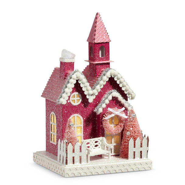 Raz 9.25" Pink Lighted Glittered Christmas House