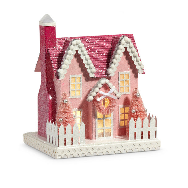 Raz 9.25" Pink Lighted Glittered Christmas House