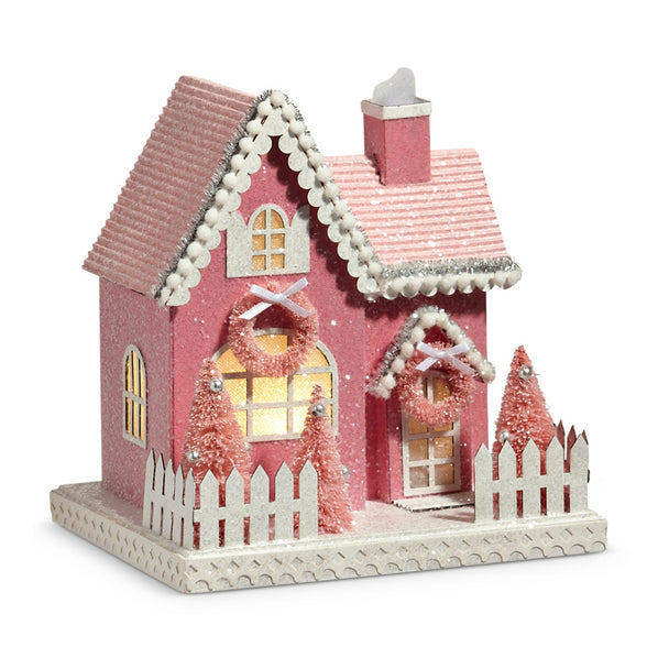 Raz 9.25" Pink Lighted Glittered Christmas House