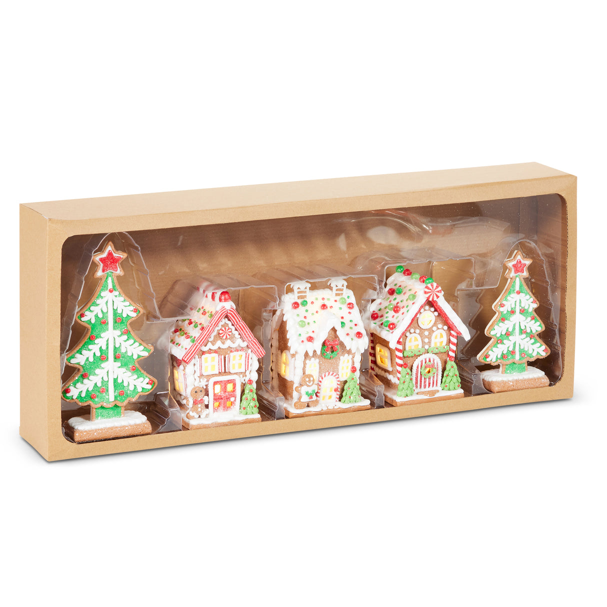 PRE-ORDER  Raz 8.25"Box of Red WHite Green Lighted  Frosted  Gingerbread House and Trees 4516766