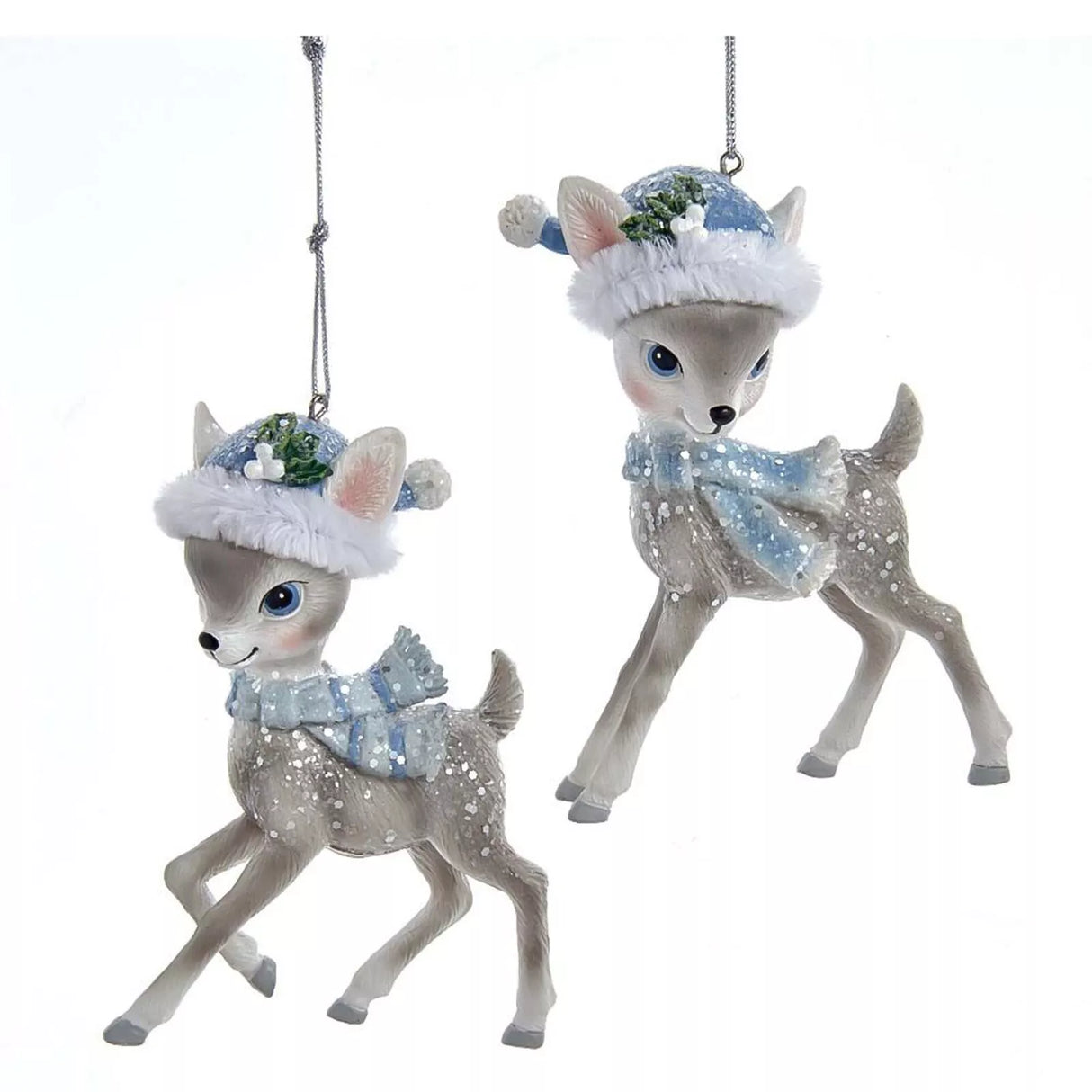 Kurt Adler Gray Reindeers With Santa Hats Christmas Tree Ornaments Set