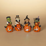 Pre-Order Gerson 5.7" Lighted Skull Black Cat Witch Frakenstein Sitting on Pumpkin 2533160