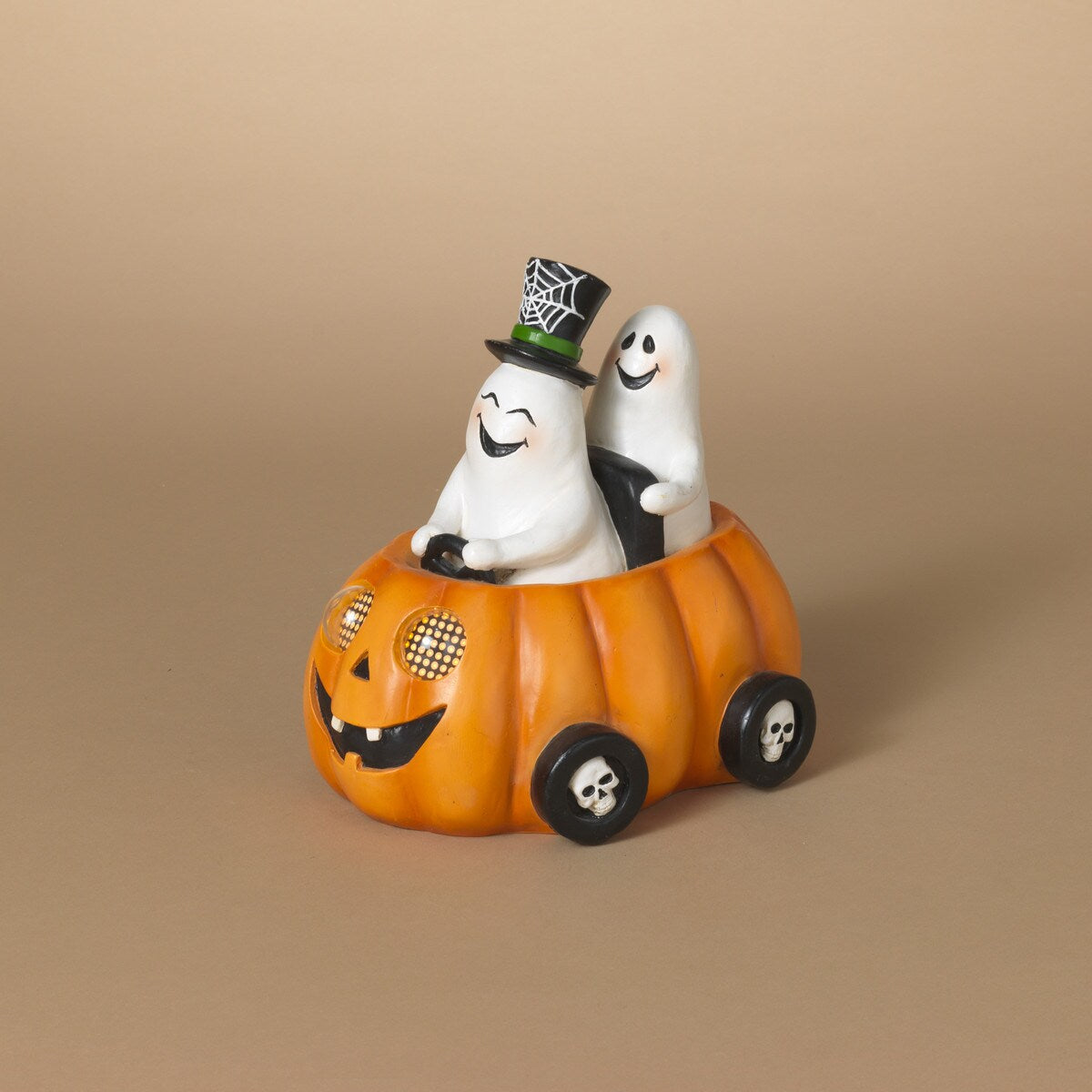 Pre-Order Gerson 8.3" Lighted Resin Halloween Ghost on Pumpkin Car w/ Moving Eyes 2738050