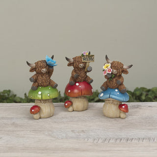 Pre-Order Resin Highland Cow Sitting on Mushroom Trio Set 2774550