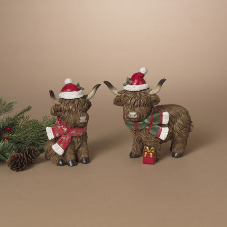 Pre-Order 7.4" Resin Highland Cows Set Santa Hat w/presents 2794920