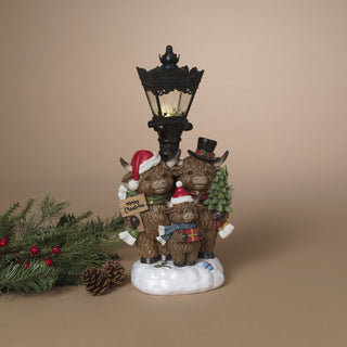 Pre-Order 13.7" Lighted Resin Highland Cows Family w/ Street Lamp & Timer 2795100