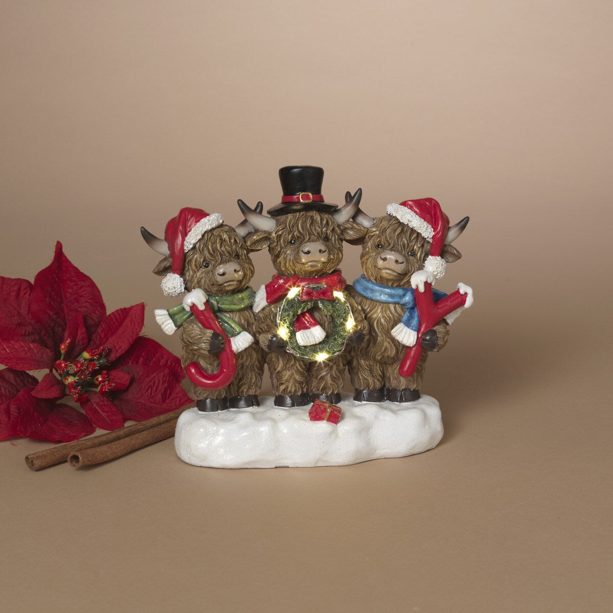 Pre-Order 8"L Lighted Resin Holiday Highland Cows Holding "JOY" w/ Timer 2795230